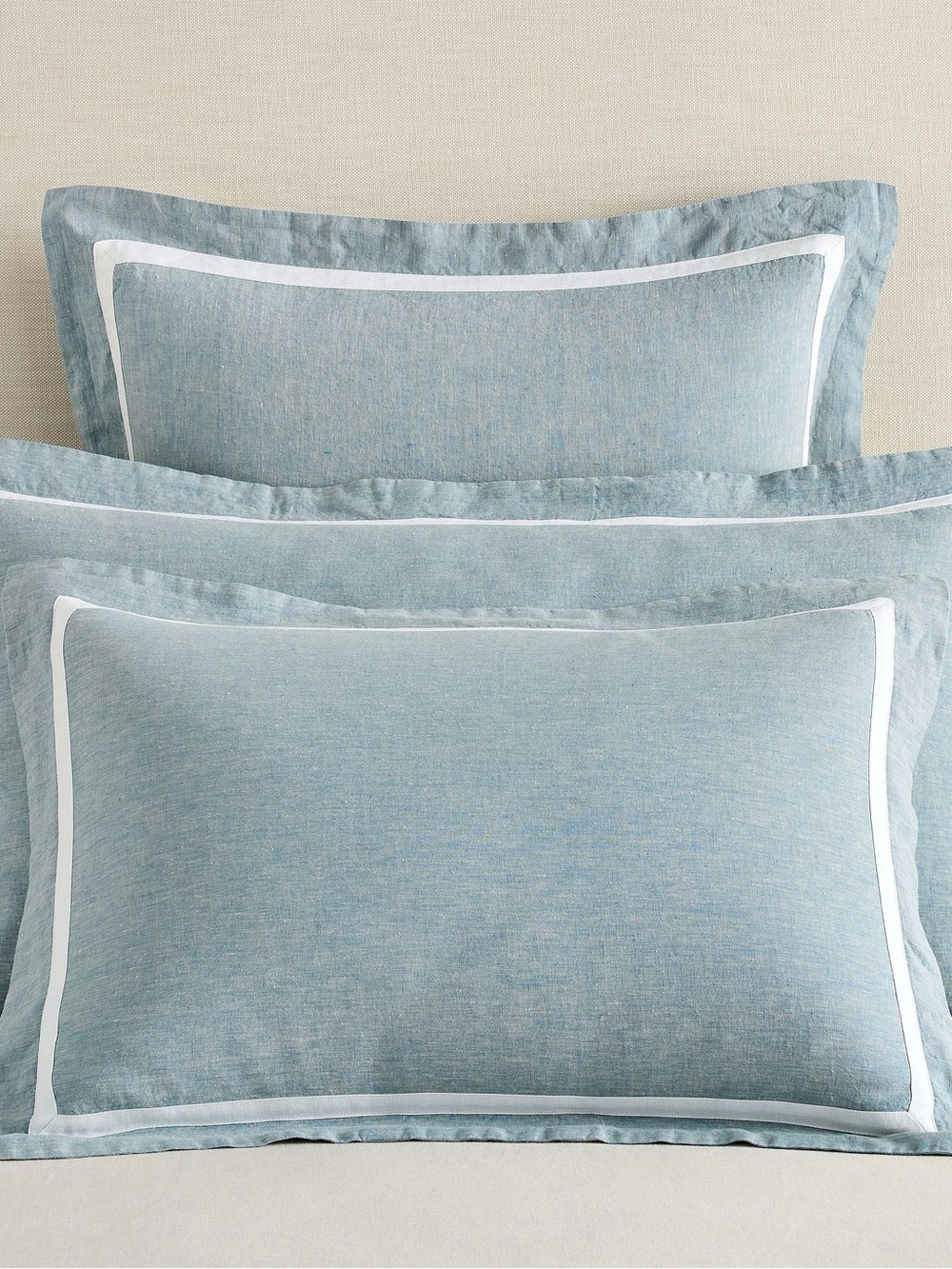 Pottery Barn TWO Belgian Flax Linen Frame King Shams Chambray/White - Picture 2 of 7